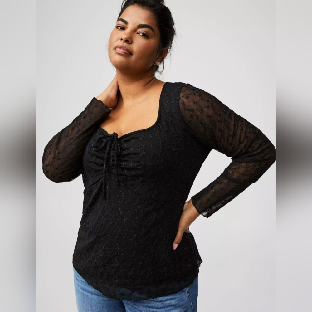 NWT Torrid Black Mesh Tie Front Long Sleeve V-neck Top